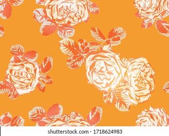 Botanic Rose Flower Swimwear Print. Girly Hawaiian Peony Background. Rust Orange and Yellow Rose Seamless Pattern. Continuous Floral Design.Summer Peonies Leaves and Buds Sleepwear Texture.