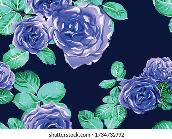 Botanic Rose Flower Swimwear Print. Rose Seamless Pattern. Girly Hawaiian Peony Background. Classic Blue and Green Continuous Floral Design.Summer Peonies Leaves and Buds Sleepwear Texture.