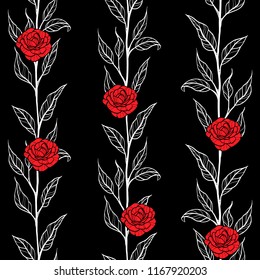 botanic roses flower leaf lines seamless pattern with line art contour leaves black and white background . repeatable tile square textile