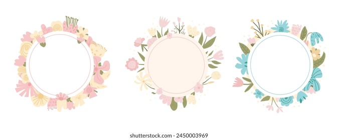 Conjunto de marco redondo botánico. Borde de ramo de estilo infantil. Corona floral aislada sobre fondo blanco. Marco de flores de primavera. Ilustración plana de Vector.