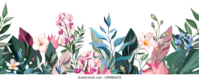 botanic seamless border, rim with exotic flowers and leaves, hand drawn background. floral pattern. fashion arrangements with tropical leaf