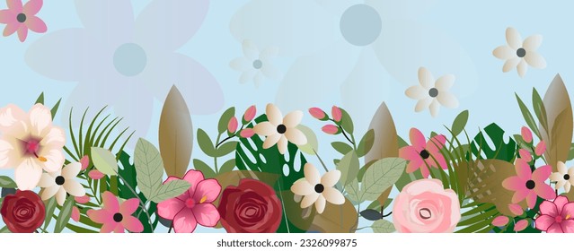 botanische nahtlose Grenze, Felge mit exotischen Blumen und Blättern, handgezeichnet Hintergrund. Blumenmuster. Modearrangements mit tropischem Laub