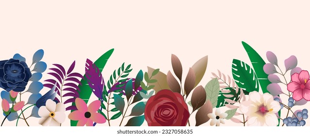 botanic seamless border, rim with exotic flowers and leaves, hand drawn background. floral pattern. fashion arrangements with tropical leaf