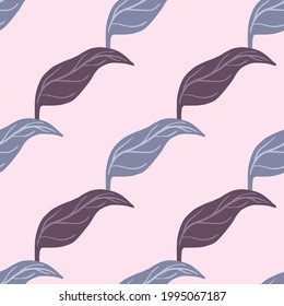 Botanic seamless doodle pattern with blue and purple diagonal tanferine leaves shapes. Pink background. Designed for fabric design, textile print, wrapping, cover. Vector illustration.