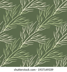 Botanic seamless doodle pattern with light tree branches silhouettes print. Pale green olive background. Perfect for fabric design, textile print, wrapping, cover. Vector illustration.