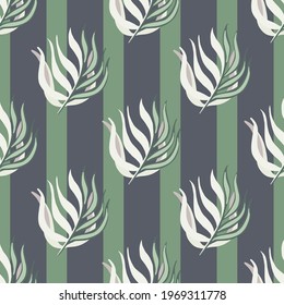 Botanic seamless doodle pattern with white colored leaf branches shapes. Striped green background. Flat vector print for textile, fabric, giftwrap, wallpapers. Endless illustration.