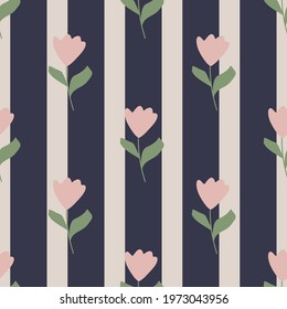 Botanic seamless floral pattern with pink tulips flowers silhouettes. Navy blue and grey striped background. Graphic design for wrapping paper and fabric textures. Vector Illustration.