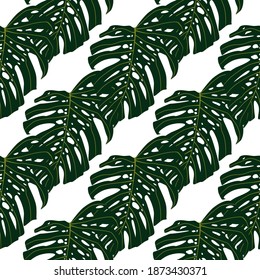 Botanic seamless isolated pattern with monstera green silhouettes. Tropic foliage on white background. Great for fabric design, textile print, wrapping, cover. Vector illustration.