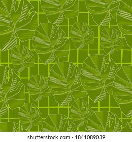 Botanic seamless pattern with abstract monstera silouettes. Random green print on chequered background. Decorative backdrop for fabric design, textile print, wrapping, cover. Vector illustration