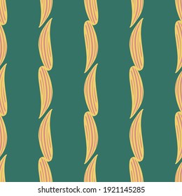 Botanic seamless pattern with beige simple lily of the valley leaf shapes print. Turquoise background. Stock illustration. Vector design for textile, fabric, giftwrap, wallpapers.