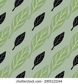 Botanic seamless pattern with black and green simple leaf elements. Pale blue background. Forest print. Perfect for fabric design, textile print, wrapping, cover. Vector illustration.