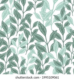 Botanic seamless pattern with blue isolated leaf foliage shapes. White background. Random branches artwork. Flat vector print for textile, fabric, giftwrap, wallpapers. Endless illustration.