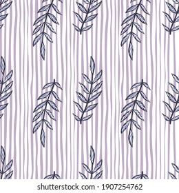 Botanic seamless pattern with contoured outline vintage branches shapes. Light striped background. Great for fabric design, textile print, wrapping, cover. Vector illustration.