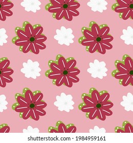 Botanic seamless pattern with doodle pink and white marguerite flowers shapes. Pastel background. Designed for fabric design, textile print, wrapping, cover. Vector illustration.