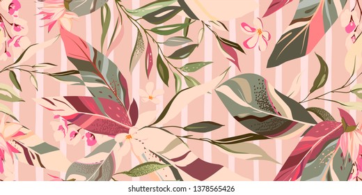 botanic seamless pattern with exotic flowers and leaves, hand drawn background. floral pattern. Tile with tropical leaf