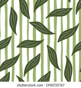 Botanic seamless pattern with green random foliage leaves elements. Striped background. Doodle nature print. Perfect for fabric design, textile print, wrapping, cover. Vector illustration.