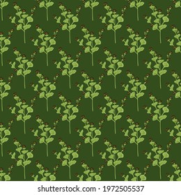 Botanic seamless pattern with green wildflowers shapes. Dark background. Floral botanic print. Graphic design for wrapping paper and fabric textures. Vector Illustration.