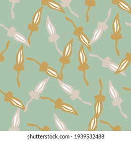 Botanic seamless pattern with grey and beige colored leaf elements. Pastel blue background. Hand drawn print. Flat vector print for textile, fabric, giftwrap, wallpapers. Endless illustration.