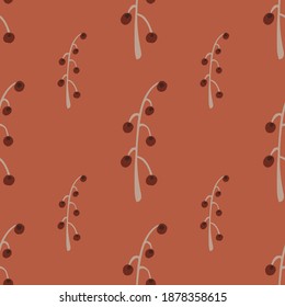 Botanic seamless pattern with grey and brown colored berries branches. Coral background. Flat vector print for textile, fabric, giftwrap, wallpapers. Endless illustration.