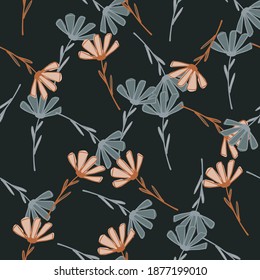 Botanic seamless pattern with grey and orange outline daisy print. Black background. Flat vector print for textile, fabric, giftwrap, wallpapers. Endless illustration.