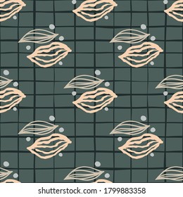 Botanic seamless pattern with hand drawn contoured leaves silhouettes. Green background with check. Perfect for wallpaper, textile, wrapping paper, fabric print. Vector illustration.