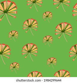 Botanic seamless pattern with hand drawn random palm licuala leaves. Green background. Simple style. Perfect for fabric design, textile print, wrapping, cover. Vector illustration.