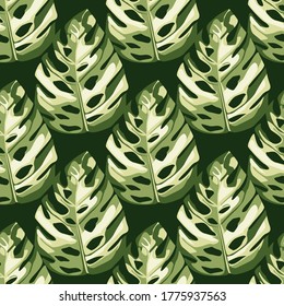 Botanic seamless pattern with monstera leafs in white and green colors. Floral backdrop. Great for wrapping paper, textile fabric print and wallpaper. Vector illustration.