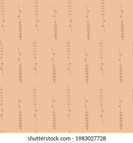 Patrón botánico sin soldadura con formas de lavanda natural orgánica. Fondo beige. Impresión de garabatos. Perfecto para el diseño de tela, impresión textil, envoltura, cubierta. Ilustración vectorial.