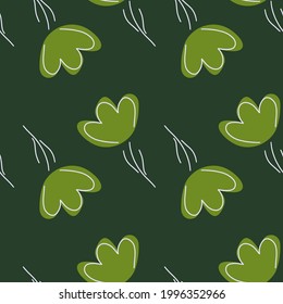 Botanic seamless pattern with outline flowers silhouettes print. Green colors floral artwork. Hand drawn style. Vector illustration for seasonal textile prints, fabric, banners, backdrops