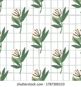 Botanic seamless pattern with pastel pink dandelion on white background with check. Designed for textile, wallpaper, wrapping paper, fabric design. Vector illustration.