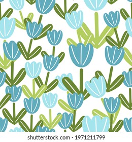 Botanic seamless pattern with random blue doodle tulip flowers elements shapes. Isolated print. Graphic design for wrapping paper and fabric textures. Vector Illustration.