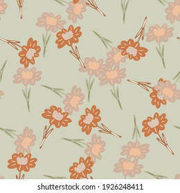 Botanic seamless pattern with random orange flowers print in doodle style. Grey background. Pale palette print. Graphic design for wrapping paper and fabric textures. Vector Illustration.