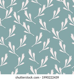 Botanic seamless pattern with random white leaves silhouettes print. Blue background. Doodle style. Designed for fabric design, textile print, wrapping, cover. Vector illustration.
