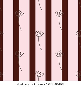 Botanic seamless pattern with simple outline dill umbrella ornament. Striped pink and maroon background. Vector illustration for seasonal textile prints, fabric, banners, backdrops and wallpapers.