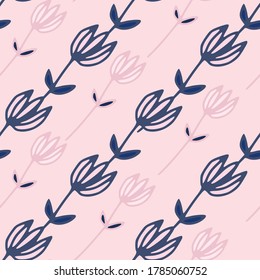 Botanic seamless pattern with tulip flower silhouettes on light pink background. Navy blue contoured ornament. Great for wrapping paper, textile, fabric print and wallpaper. Vector illustration.