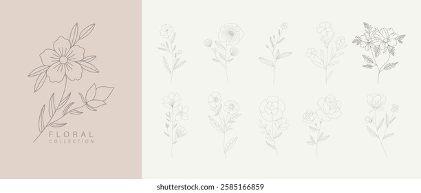Botanic set of detailed various flowers. Luxury vintage floral collection for wedding invitation, wallpaper art or save the date card. Botanical vector