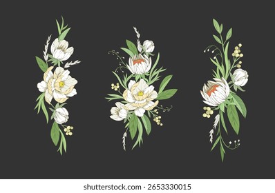 Botanische Reihe von detaillierten verschiedenen Blumen und Brunch. Luxus Vintage Blumenkollektion für Hochzeitseinladung, Tapete Kunst oder speichern Sie die Datumskarte