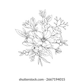 Conjunto botánico de varias flores detalladas y brunch. Colección floral vintage de lujo para la invitación de la boda, el arte del Fondo de pantalla Guardar o la tarjeta de la fecha. Ilustración vectorial botánica