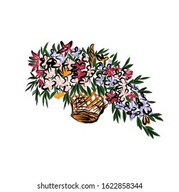 Botanic sketch, nature element design, flowers, hand drawn black and white garden icon, linear engraving