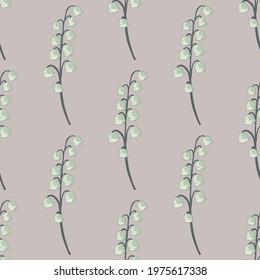 Botanic spring seamless pattern with lily of the valley print. Pastel lilac background. WIld flowers cute backdrop. Stock illustration. Vector design for textile, fabric, giftwrap, wallpapers.