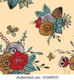 Botanic texture, detailed flowers illustrations. Doodle style, spring floral background.Vector flower pattern.