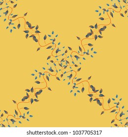 Botanic Tile. Flower. Vector. Yellow, blue and orange floral pattern for wallpaper or fabric. Seamless pattern with flowers and exotic leaves on yellow, blue and orange background.