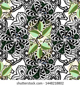Botanic Tile. White, blue and black floral pattern for wallpaper or fabric. Vector. Flower. Seamless pattern with flowers and exotic leaves on white, blue and black background.