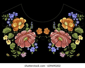 Botanic trend neckline pattern with poppies and forget me not flowers. Vector traditional floral bouquet template for fashion, embroidery, clothing print design.