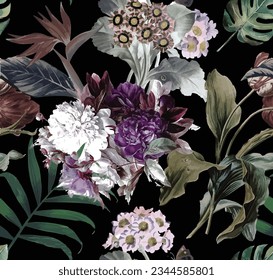 Botanic tropical Flowers Pattern in vector prints, Seamless watercolor floral pattern - pink blush flowers elements, green leaves branches on dark black background; for wrappers, wallpapers, postcards