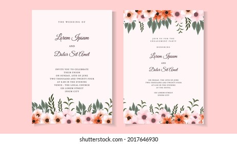 plantilla de tarjeta de invitación de bodas botánicas con flores silvestres, hojas, ramas, follaje, corona, floral, hierbas celebrando nupcias de la hermosa pareja salven la fecha, saludo, afiche, portador de portada