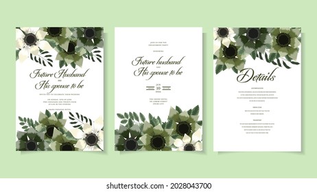 botanic wedding invite card template with wild flowers, leaves, branches, foliage, wreath, floral, herbs celebrating of nuptials of the beautiful couple save the date, greeting, poster, cover vector