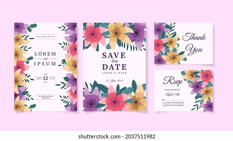 plantilla de tarjeta de invitación de bodas botánicas con flores silvestres, hojas, ramas, follaje, corona, floral, hierbas celebrando nupcias de la hermosa pareja salven la fecha, saludo, afiche, portador de portada