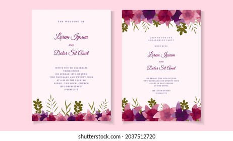 plantilla de tarjeta de invitación de bodas botánicas con flores silvestres, hojas, ramas, follaje, corona, floral, hierbas celebrando nupcias de la hermosa pareja salven la fecha, saludo, afiche, portador de portada