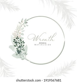 Botanic wreath of leaves and branches with watercolor hand painted